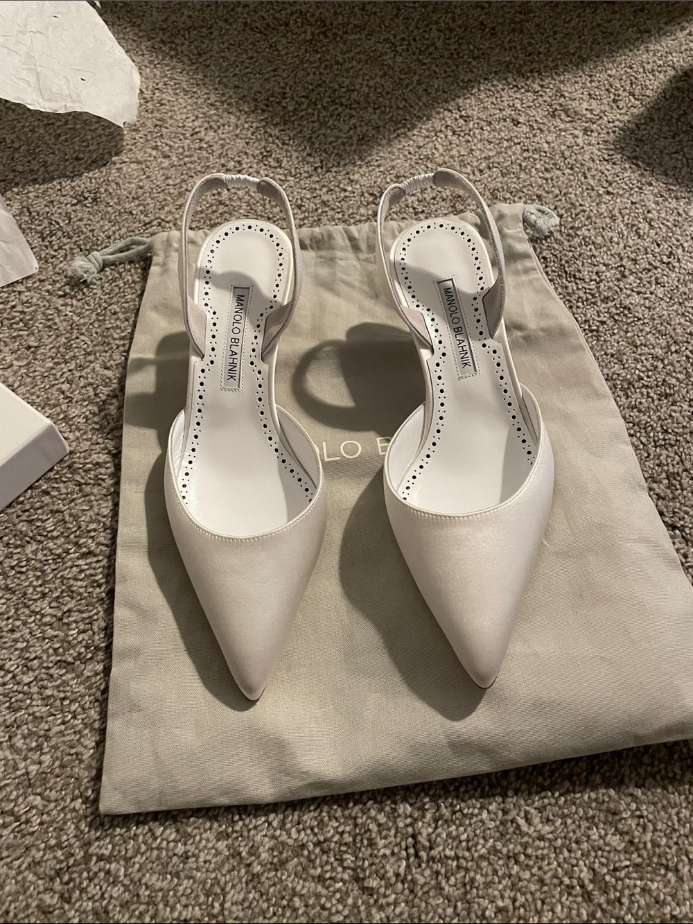 Manolo Blahnik Ivory Satin Pointed Slingback Pumps Carolyne